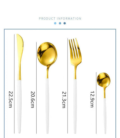 Gold cutlery set with measurements on a white background