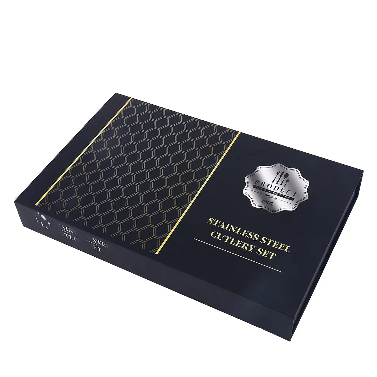 Black box with gold accents and 'Stainless Steel Cutlery Set' text on a white background