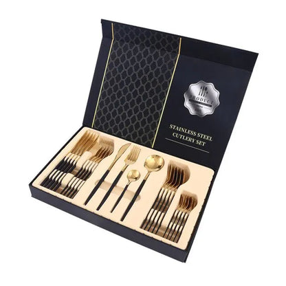 Cosmo Thrift gold stainless steel cutlery set in a black gift box