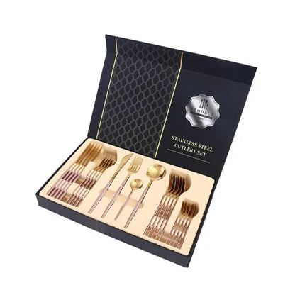 Stainless steel cutlery set in a black box with a brand logo.