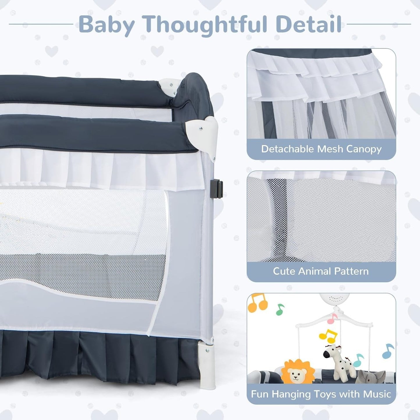 Cosmo Thrift Portable Baby Playard Crib Bassinet Bed with Table, Canopy & Music Box