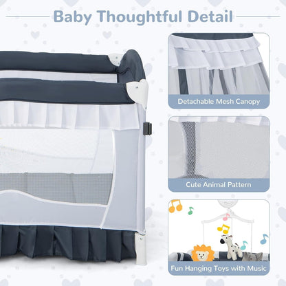 Cosmo Thrift Portable Baby Playard Crib Bassinet Bed with Table, Canopy & Music Box