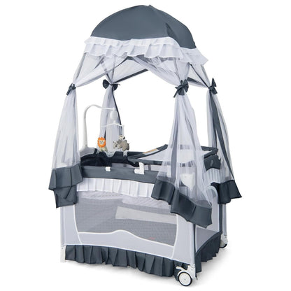 Cosmo Thrift Portable Baby Playard Crib Bassinet Bed with Table, Canopy & Music Box