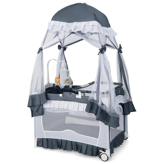 Cosmo Thrift Portable Baby Playard Crib Bassinet Bed with Table, Canopy & Music Box