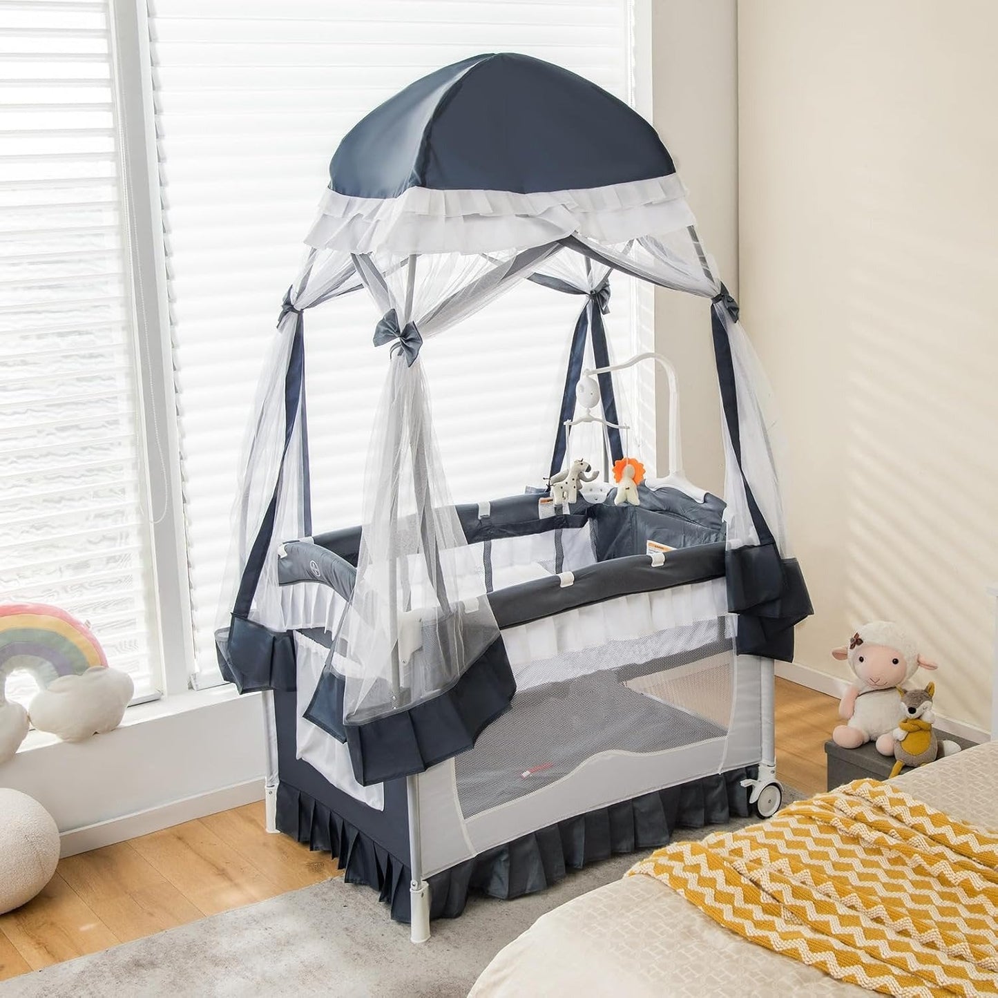 Cosmo Thrift Portable Baby Playard Crib Bassinet Bed with Table, Canopy & Music Box