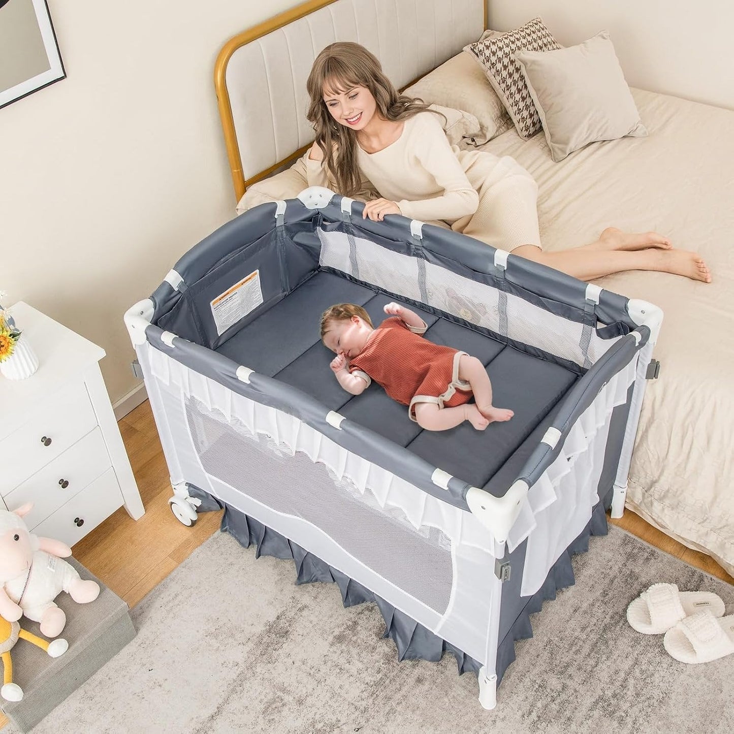 Cosmo Thrift Portable Baby Playard Crib Bassinet Bed with Table, Canopy & Music Box