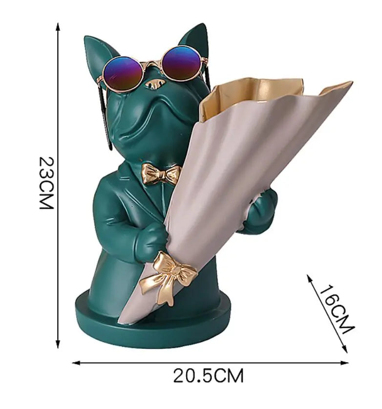 Green cat-shaped umbrella stand holding an umbrella with measurements indicated.