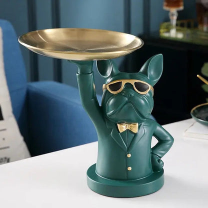 Decorative tray holder shaped like a dog in a suit with sunglasses on a table.