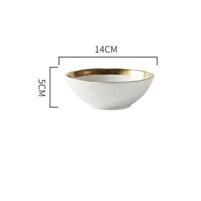 White bowl with gold rim and measurements on a white background