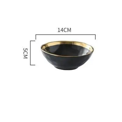 Black bowl with gold rim and measurements on a white background
