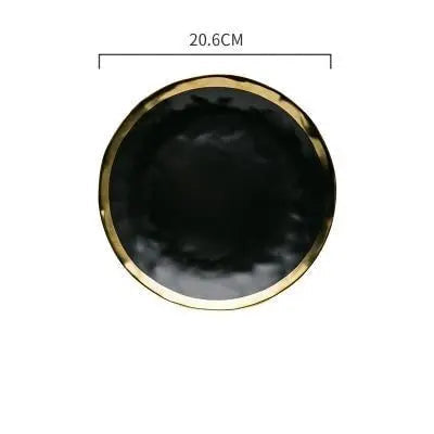 Black round object with gold rim and measurement label on a white background