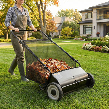 Cosmo Thrift Push Lawn Sweeper 26 Inch 7 Cu Ft Leaf Collector with Adjustable Height