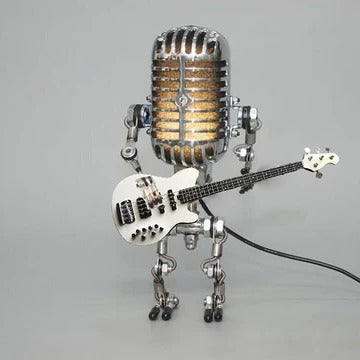 Cosmo Thrift Vintage Robot Lamp with Guitar – Metal Microphone Musician Desk Light