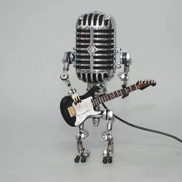 Cosmo Thrift Vintage Robot Lamp with Guitar – Metal Microphone Musician Desk Light