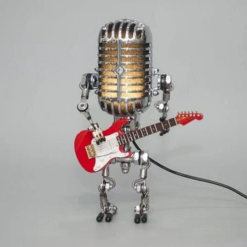 Cosmo Thrift Vintage Robot Lamp with Guitar – Metal Microphone Musician Desk Light