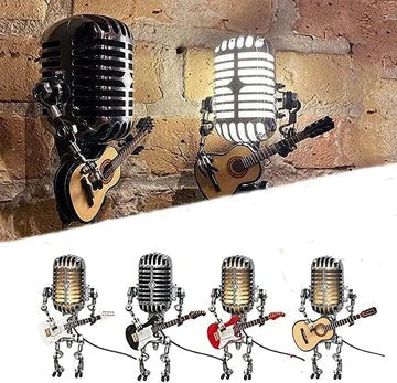 Cosmo Thrift Vintage Robot Lamp with Guitar – Metal Microphone Musician Desk Light
