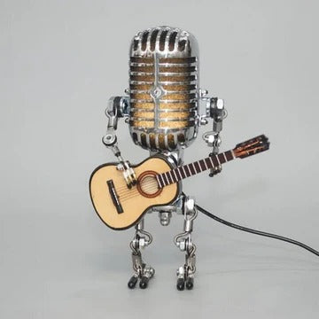 Cosmo Thrift Vintage Robot Lamp with Guitar – Metal Microphone Musician Desk Light