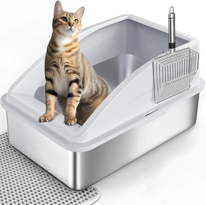 Cosmo Thrift Stainless Steel Cat Litter Box – Enclosed with Lid, Metal Scoop & Mat Included