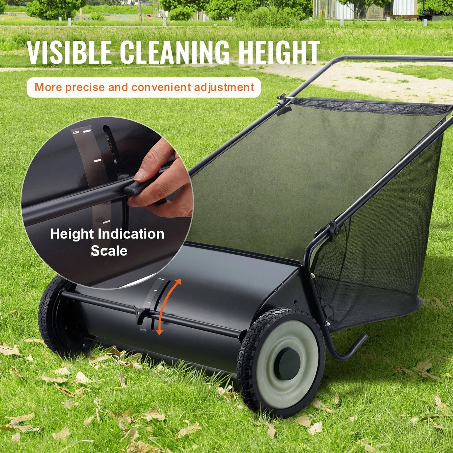 Cosmo Thrift Push Lawn Sweeper 26 Inch 7 Cu Ft Leaf Collector with Adjustable Height