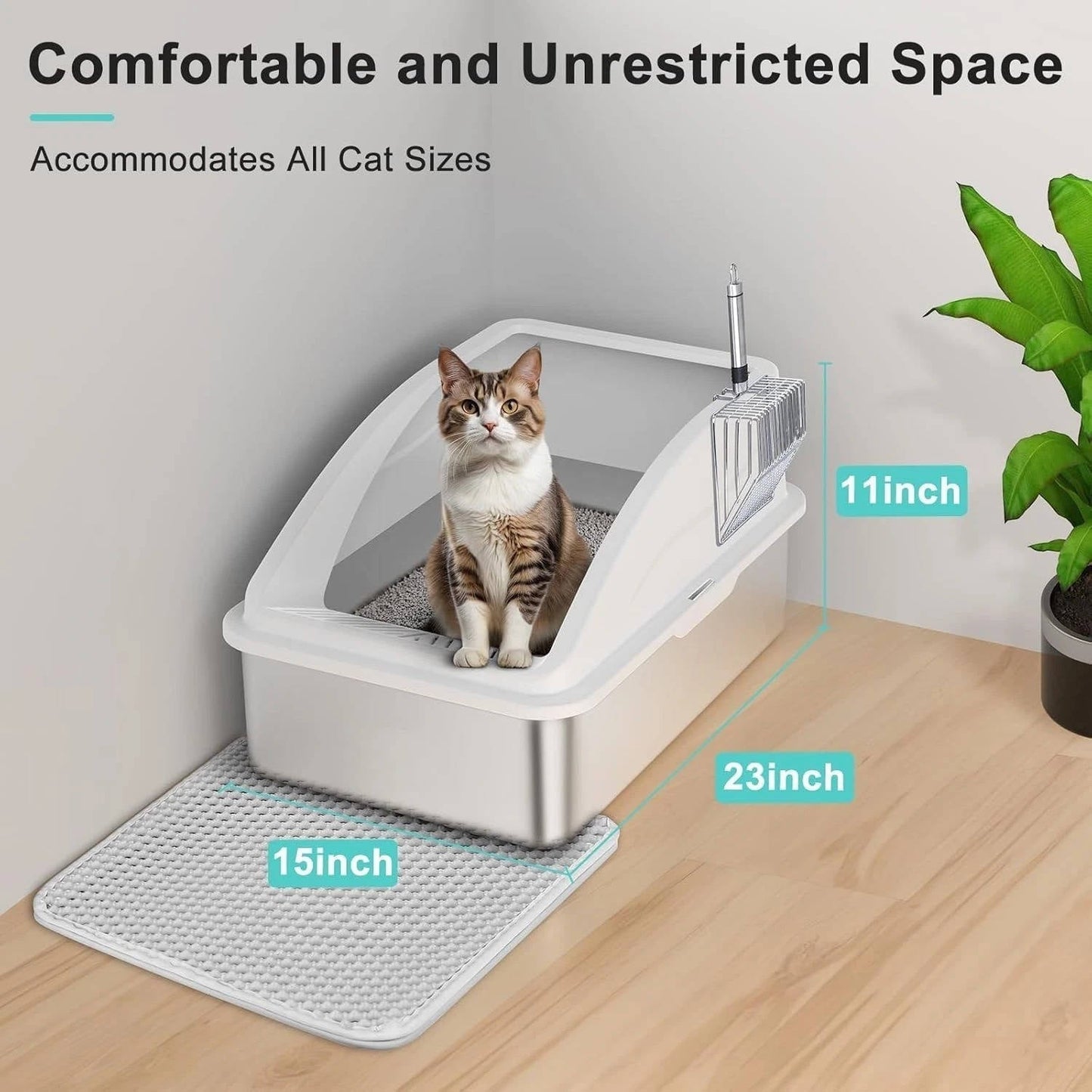 Cosmo Thrift Stainless Steel Cat Litter Box – Enclosed with Lid, Metal Scoop & Mat Included