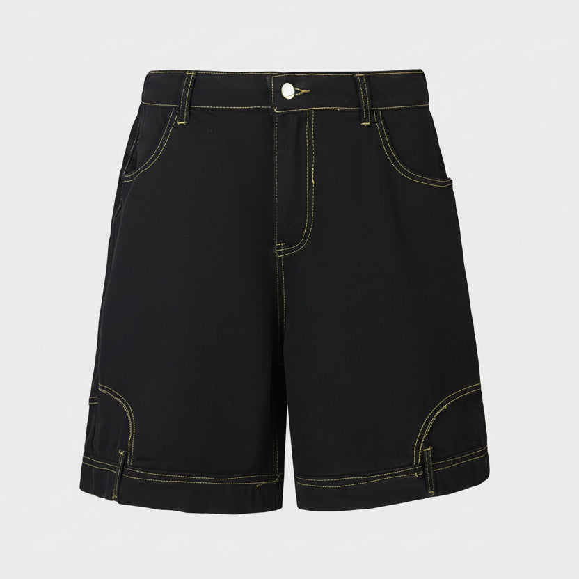 Black denim shorts on a white background