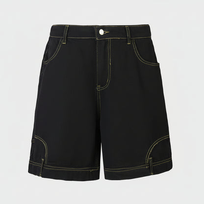 Black denim shorts on a white background