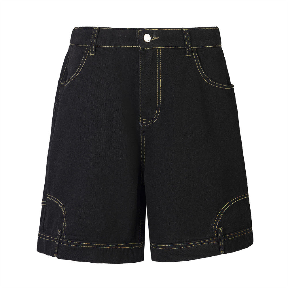 Black denim shorts on a white background
