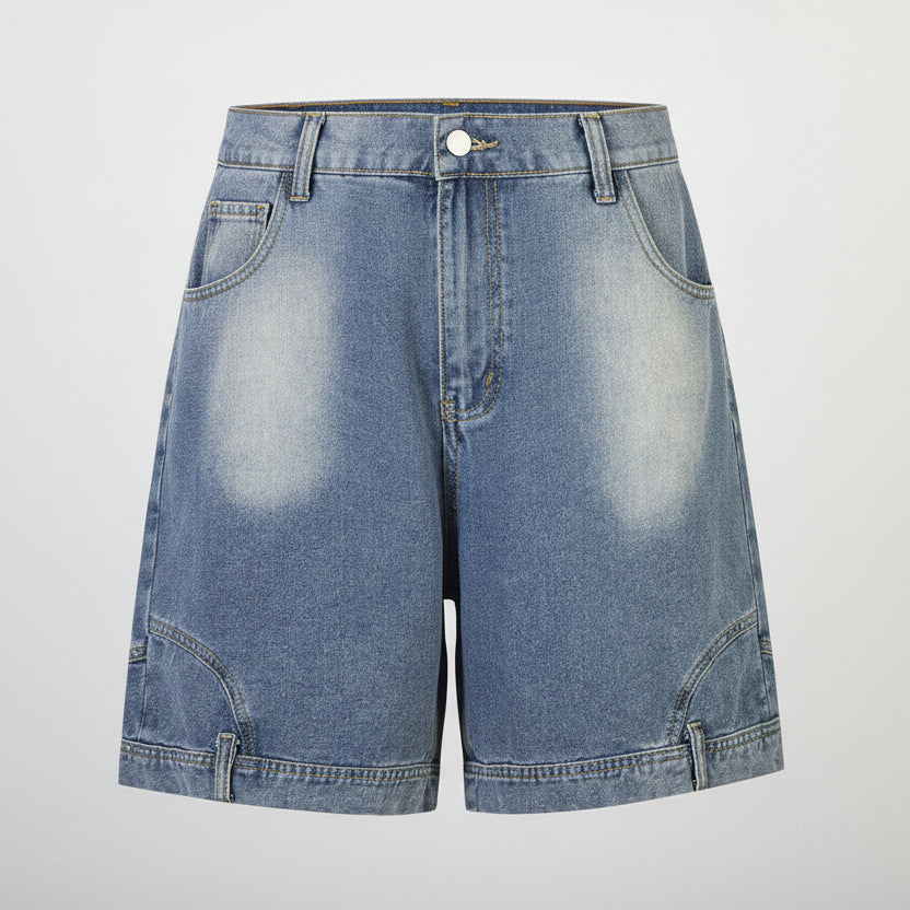 Blue denim shorts on a white background