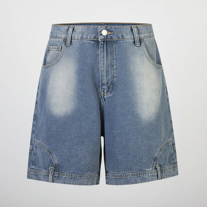 Blue denim shorts on a white background
