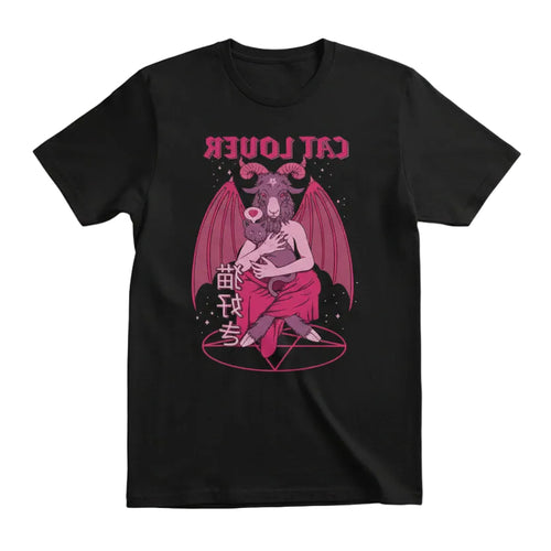 Black t-shirt with a graphic design of a person holding a cat, surrounded by pink wings and text on a white background.