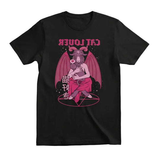 Black t-shirt with a graphic design of a person holding a cat, surrounded by pink wings and text on a white background.