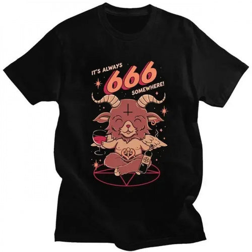 Black t-shirt with a graphic design featuring a goat and text on a white background