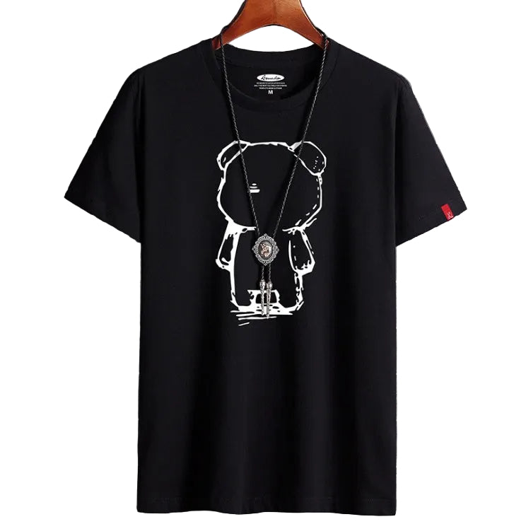 Black t-shirt with white graphic design on a hanger against a tiled wall background
