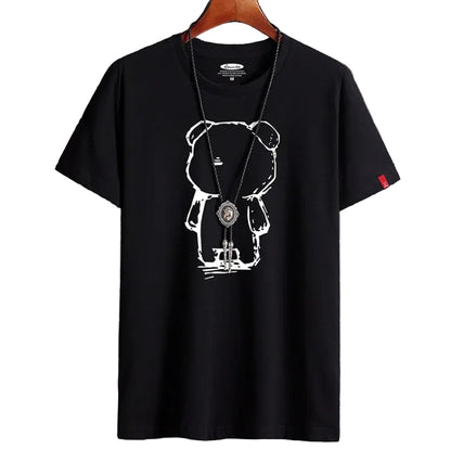 Black t-shirt with white graphic design on a hanger against a tiled wall background