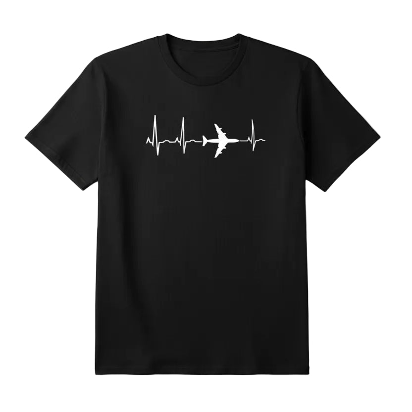 Black t-shirt with airplane heartbeat design worn by a person with tattoos