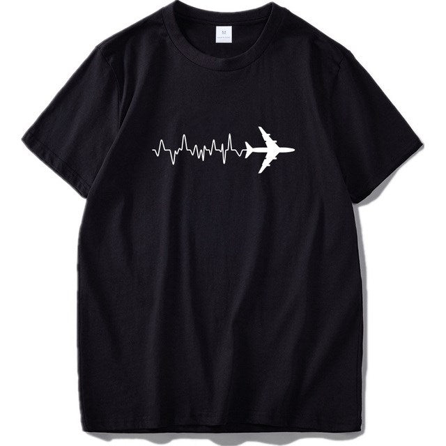 Black t-shirt with a white airplane and heartbeat line design on a white background