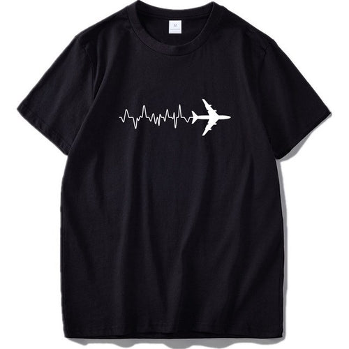 Black t-shirt with a white airplane and heartbeat line design on a white background
