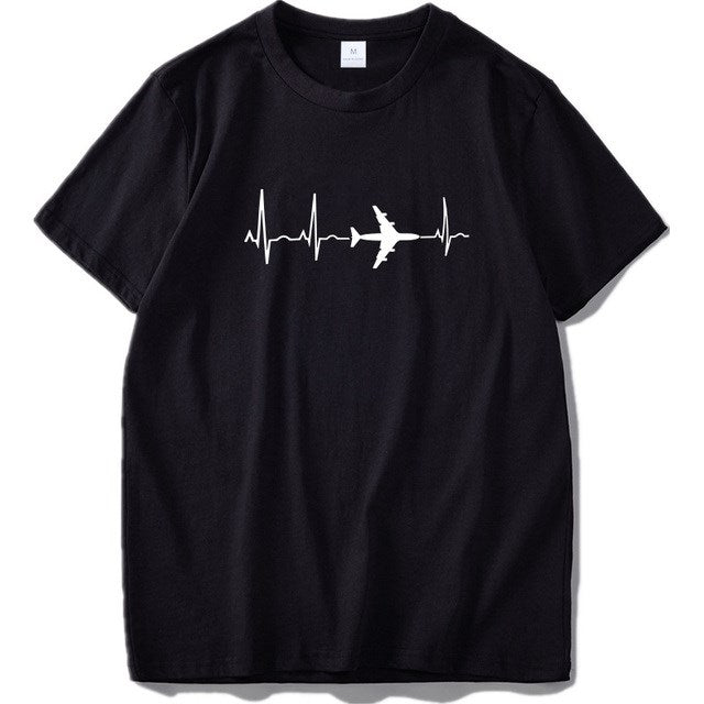 Black t-shirt with airplane and heartbeat line design on a white background