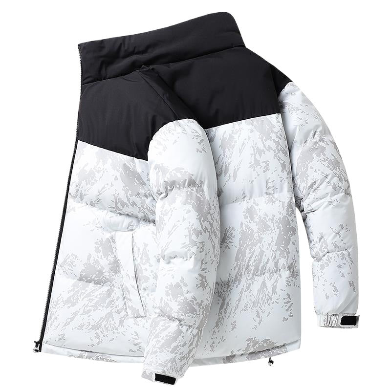 Black and white puffer jacket with floral pattern on a white background