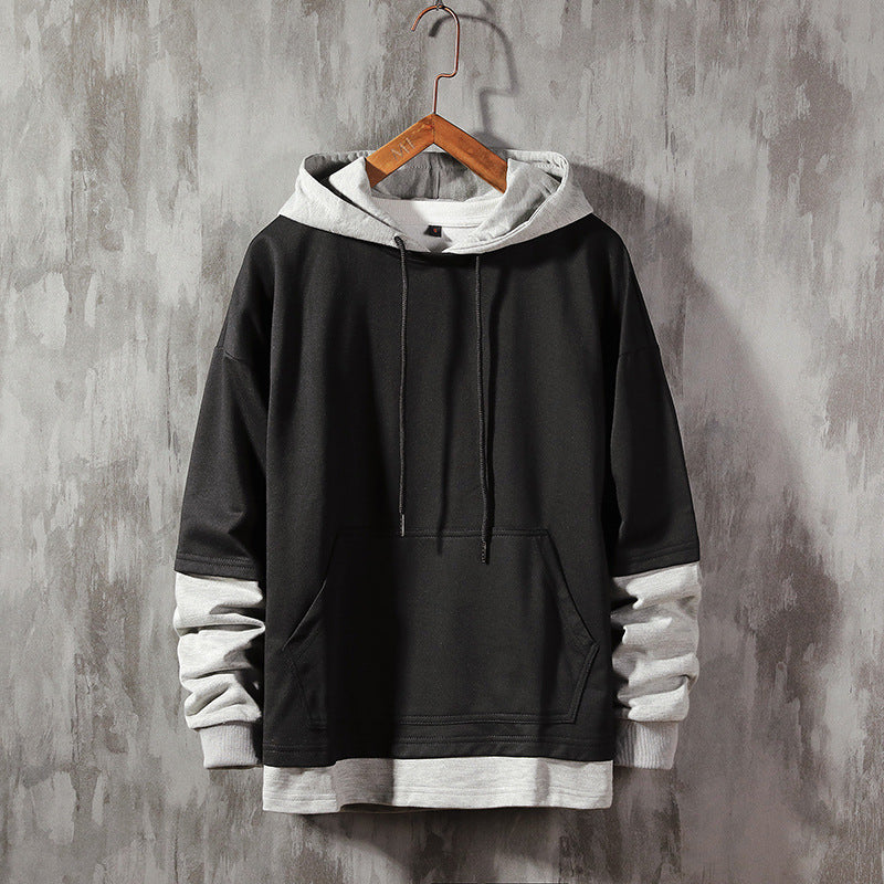 Men’s double layer look loose fit pullover hoodie front view
