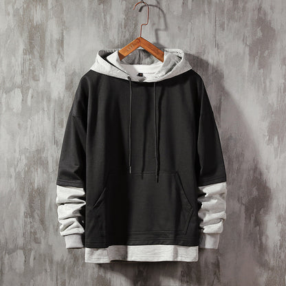 Men’s double layer look loose fit pullover hoodie front view
