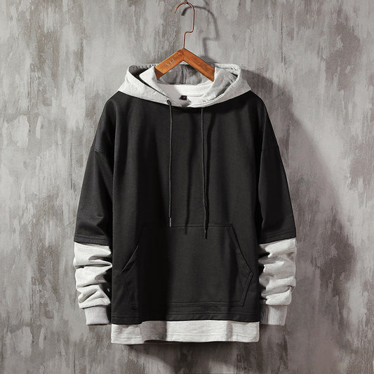 Men’s double layer look loose fit pullover hoodie front view
