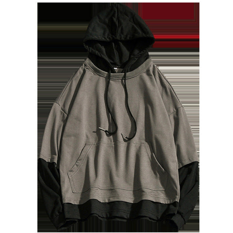 Men’s double layer look loose fit pullover hoodie front view
