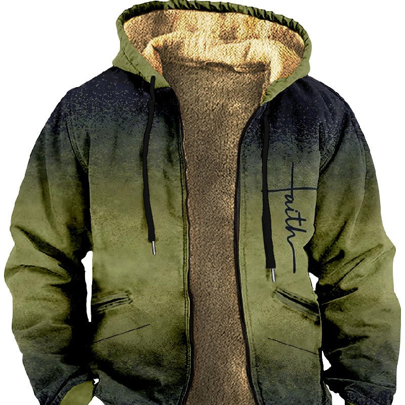 Men’s thick fleece-lined winter cotton jacket with hood front view
