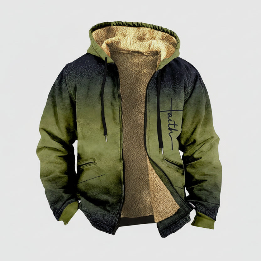 Men’s thick fleece-lined winter cotton jacket with hood front view

