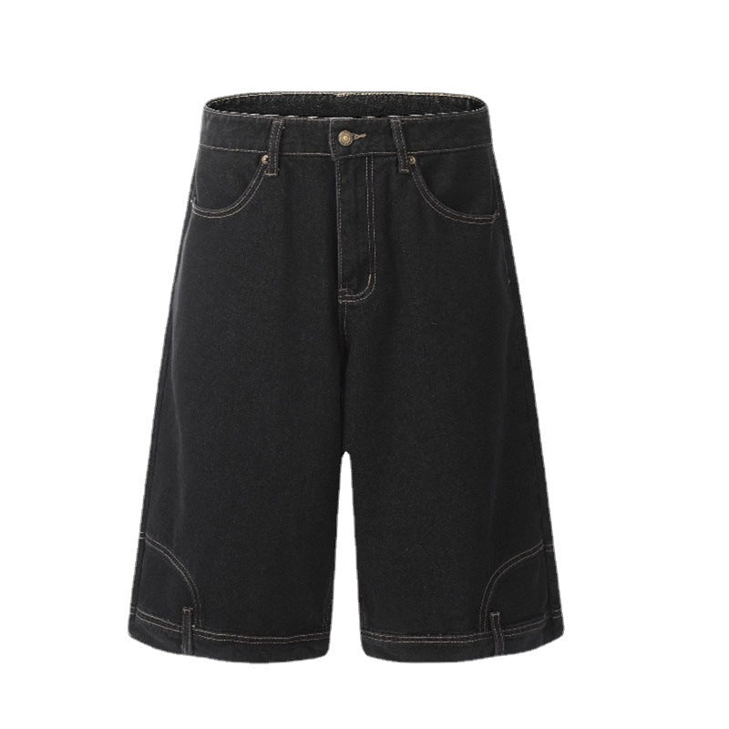 Black denim shorts on a white background