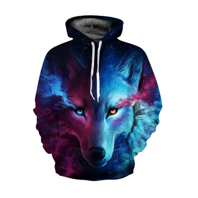 Hoodie with a colorful wolf design on a white background
