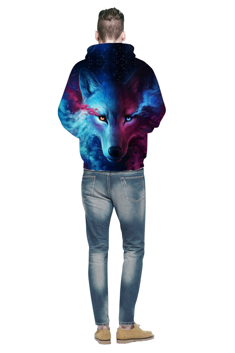 Person wearing a hoodie with a colorful wolf design on the back, standing against a white background.
