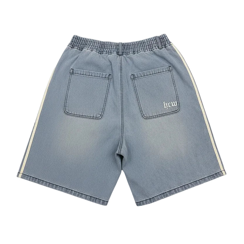 Blue denim shorts with white stripes on a white background