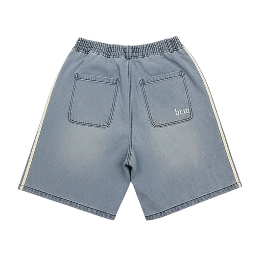 Blue denim shorts with white stripes on a white background